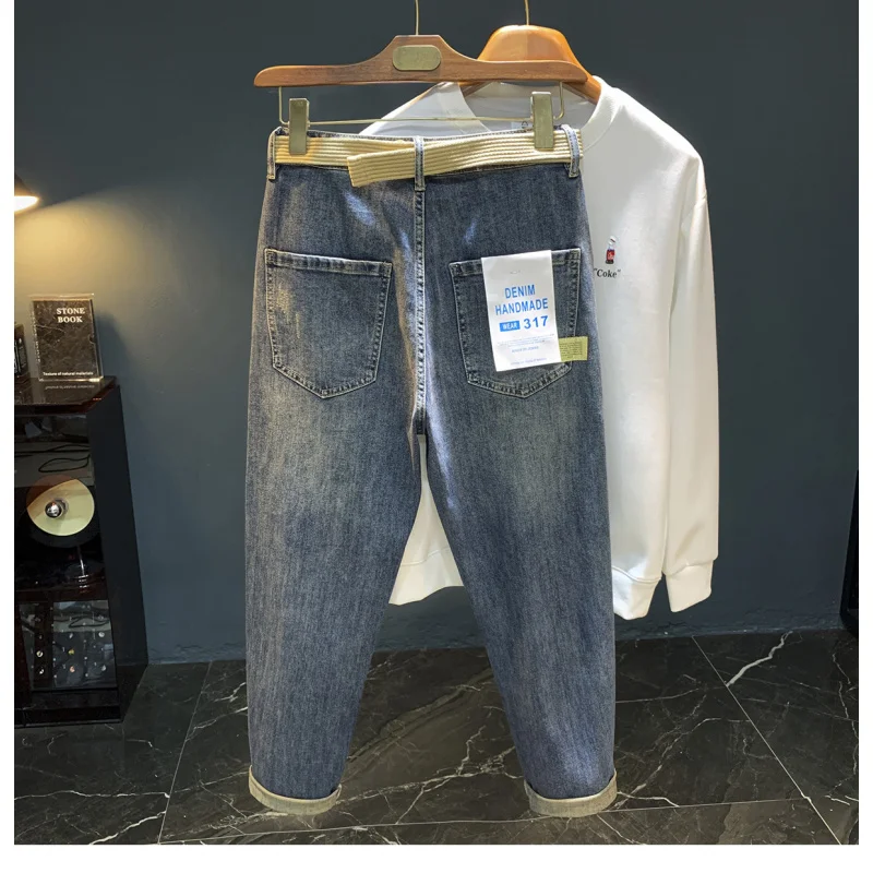 

High end men's washed trendy new style versatile autumn pants retro blue micro harem casual pants