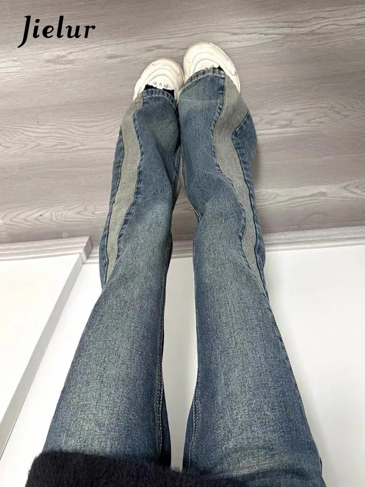 Jielur Zauber Farbe hohe Taille schlanke schicke weibliche Jeans Mode Büro Damen lässig Winter amerikanische Frauen Jeans Basic Flare Hosen