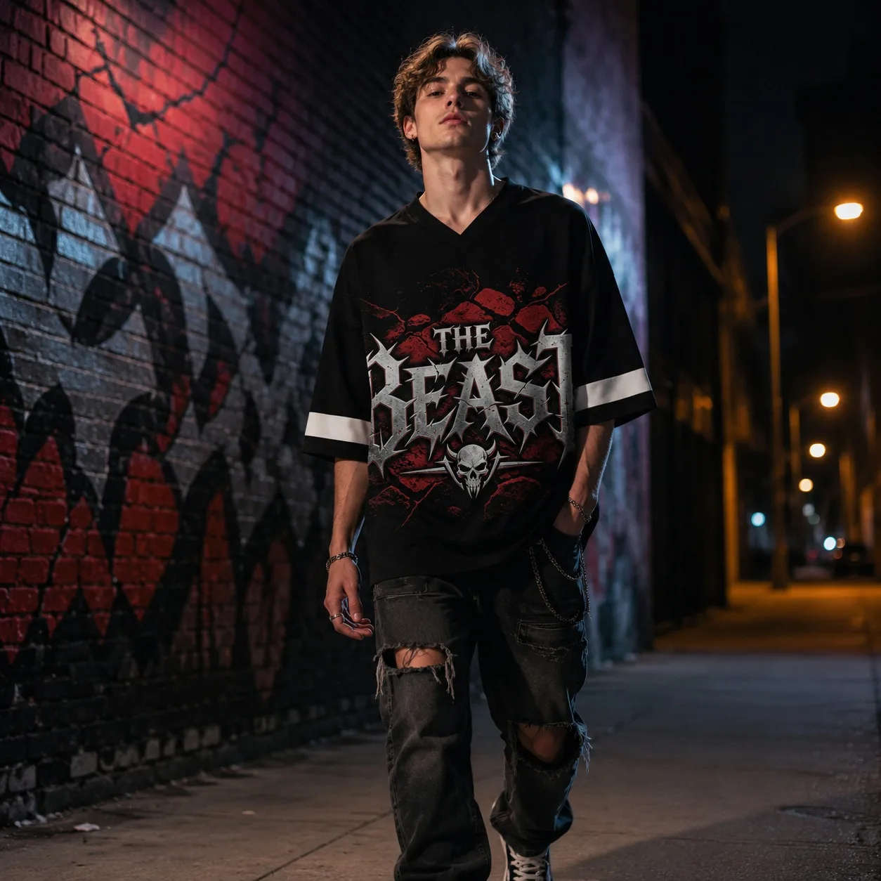 Wrestling Jersey Men Black Red Cracked Metal Skull The Beast Lesnar 10 V-Neck Drop Shoulder Gothic Streetwear Fan Tee