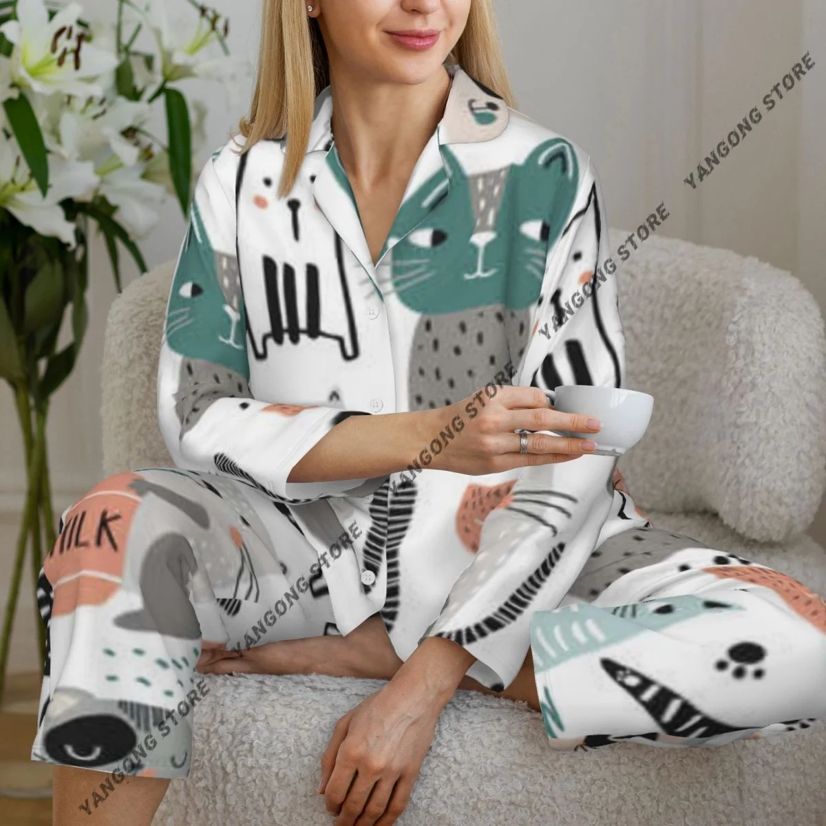 

Cute Hand Drawn Cats Womens Pajamas Loungewear Two-piece Sleepwear Button-Down Full Sleeve Long Pajamas Set