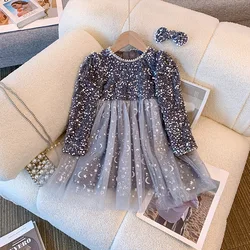 Girls Dress New Autumn/Winter Sequined Silver Fleece-lined Princess Dress Children Pearl Collar Long Sleeve Skirt