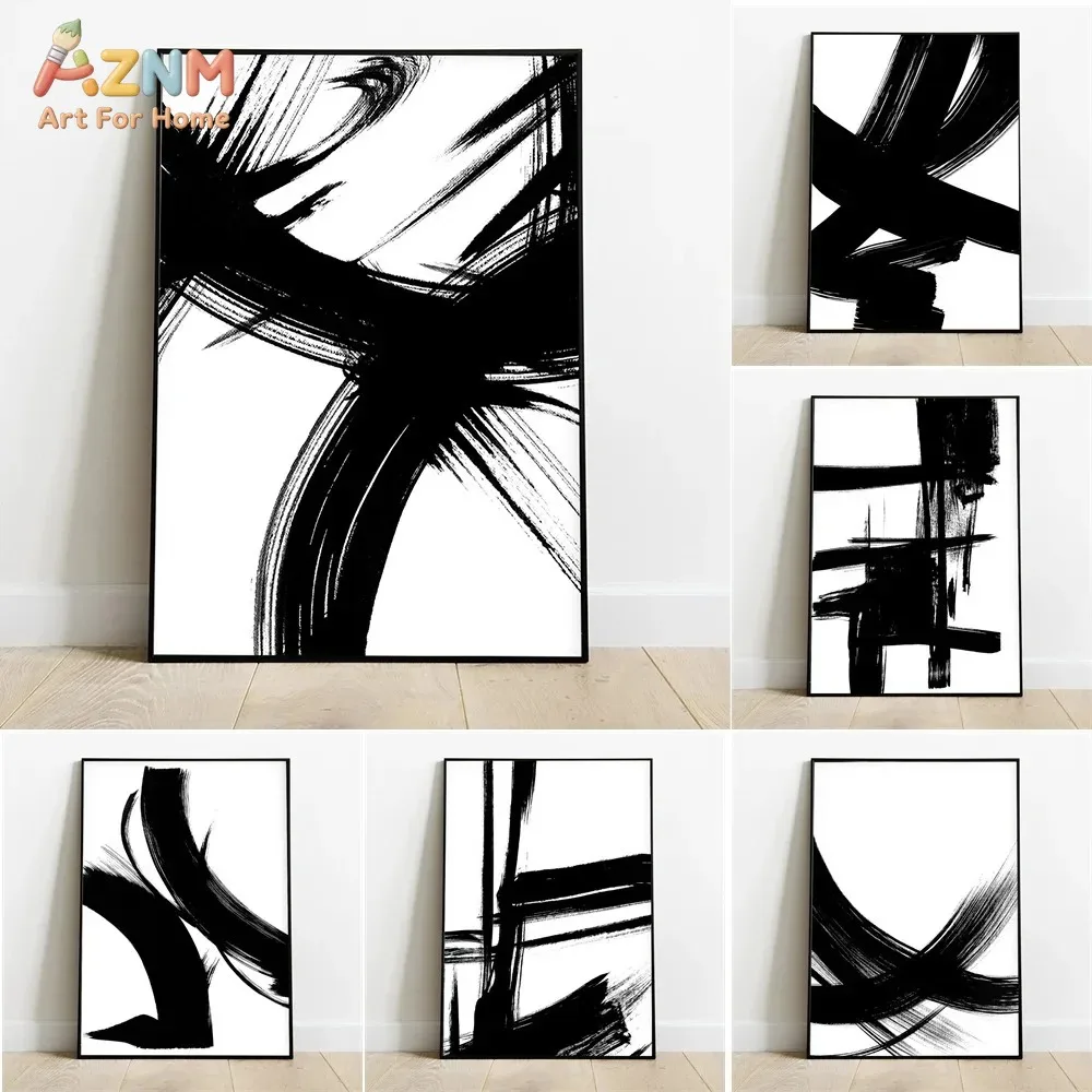 AZNM Black Ink Brush Stroke Abstract Canvas Wall Art Minimalist Monochrome Line Painting Modern Nordic Living Room Home Decor Un