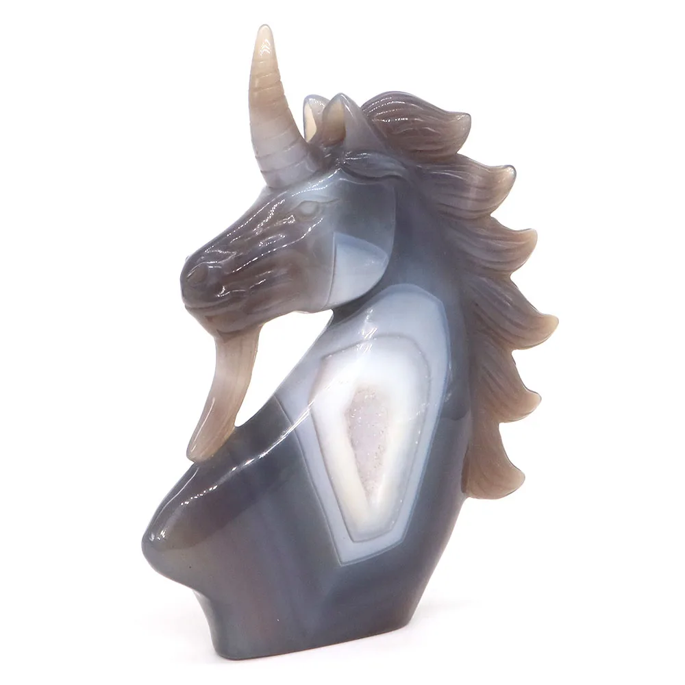 Stone Feng Shui Ornament Natural Gray Agate Geode Crystal Carved Reiki Healing Gemstone 5.4