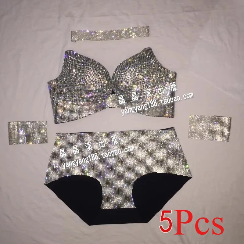 Customized Belly Bikini Diamond Sparkling Diamond Stage Bra Set Bra Underwear Pole Dance Performance Exotic Dancewear 5Pcs