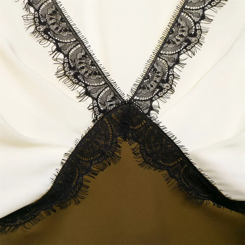 الخريف الملابس النسائية الجديدة أنيقة نمط المتناقضة الدانتيل الساتان الملمس قصيرة الأكمام الخامس الرقبة فستان ميدي #6