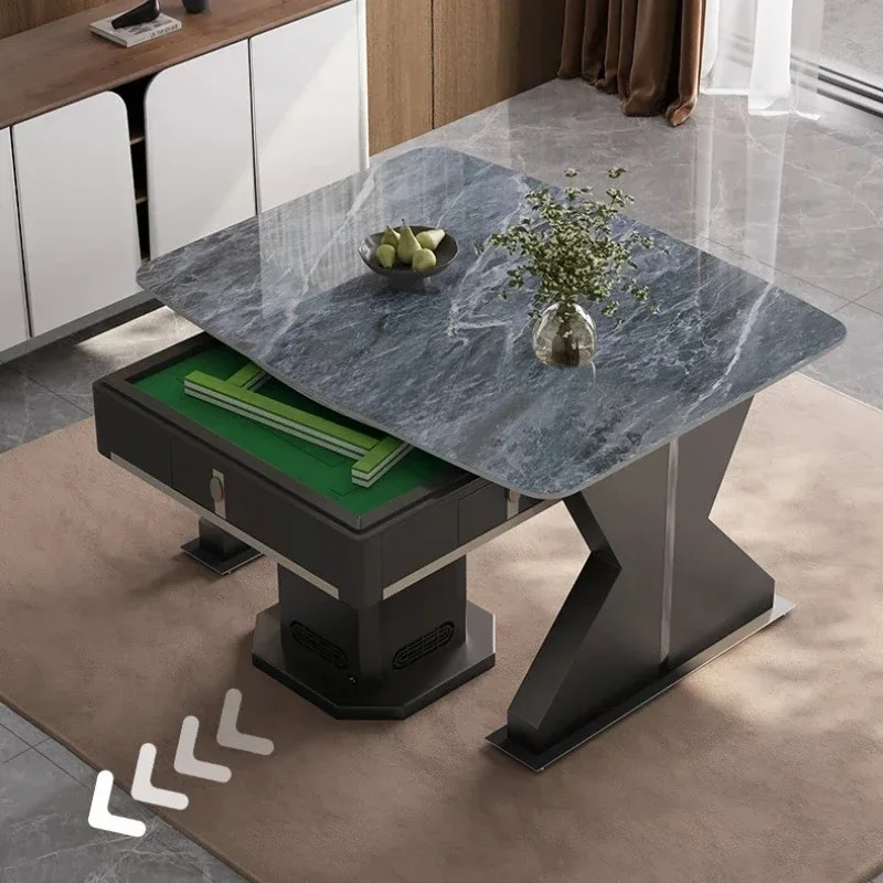 A Rock slab dining table mahjong table integrated household induction cooker automatic mahjong machine with fire