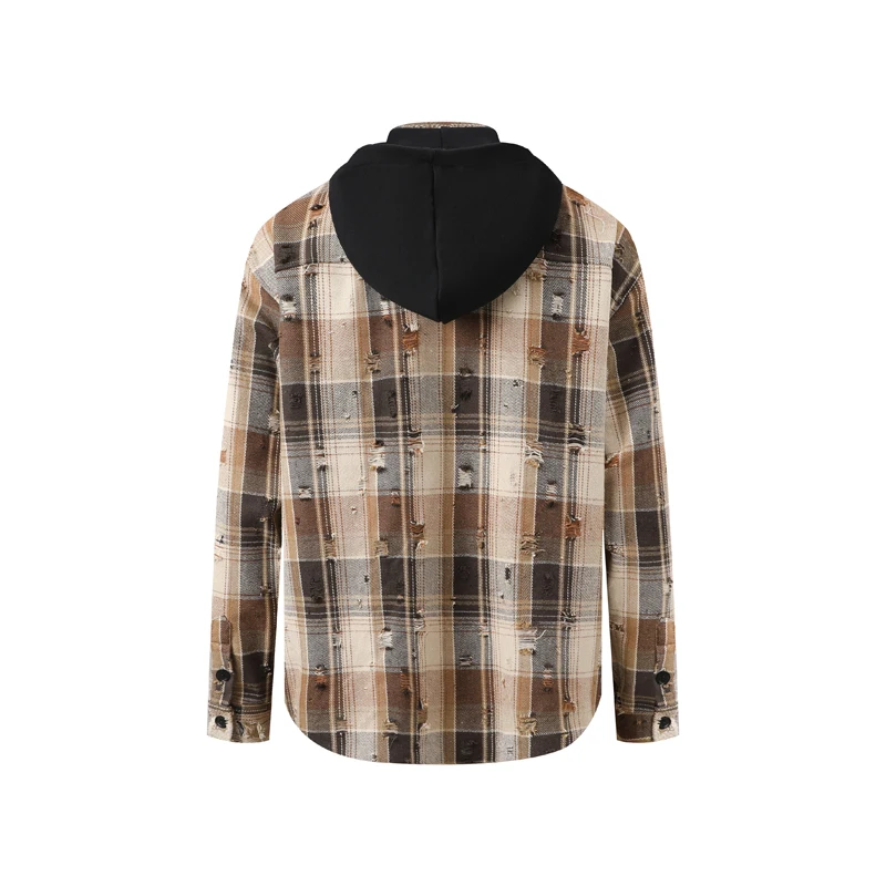 Double Pockets Hole Damaged Stripe Plaid Long Sleeve Shirts Clothing with Black Hat Men Women Autumn Blouse Clothes