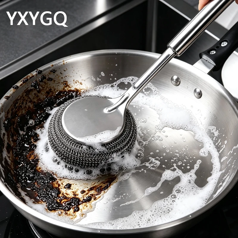 Stainless Steel Pot Brush Kitchen Special Pot Washing Steel Wool Ball Brush Long Handle Dish Cleaning Brush Pot Brush Magic Tool