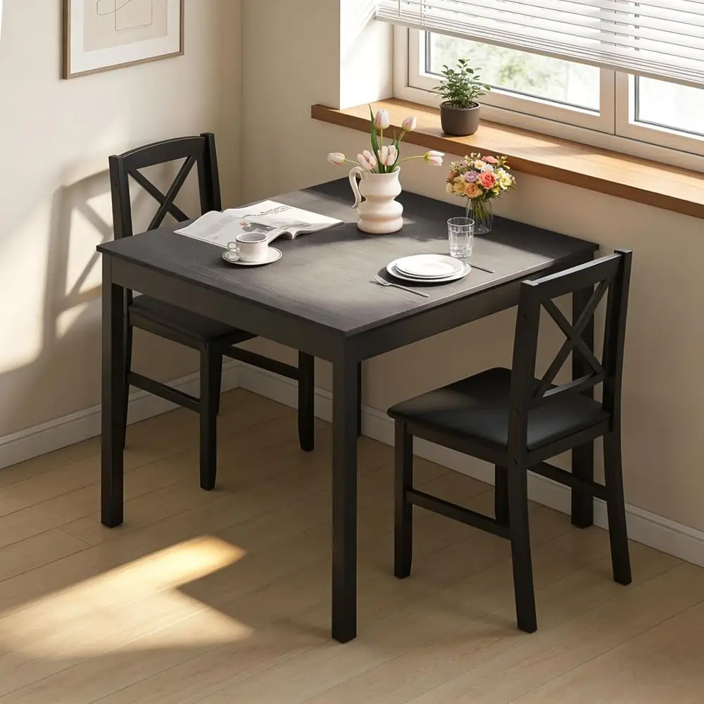 

3-Piece Dining Table Set or 2 - Small Wooden Kitchen Table with Upholstered PVC Leather Chairs, Rubber Wood Legs, ern Compact Di