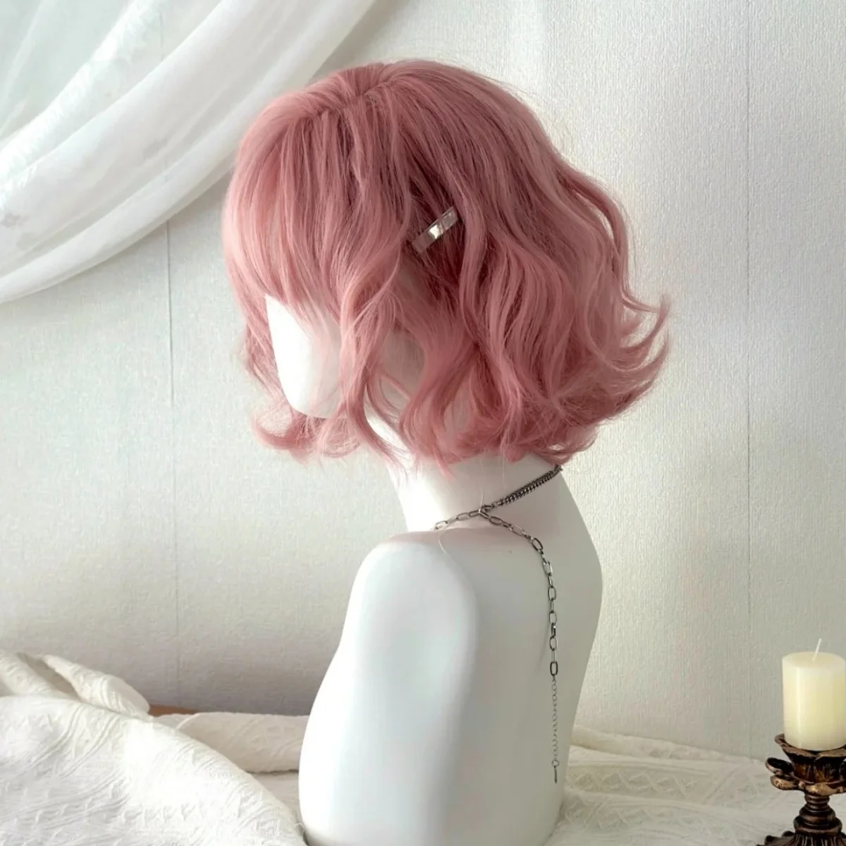 Short Pink Lolita Hair High Quality Synthetic Wigs with Bangs Short Pink Curly Bob Hair Fake For Women Lolita Heat Resistant