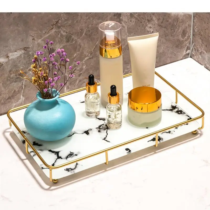 

Light Luxury Glass Tray Metal Rack Dressing Table Storage Shelves Bathroom Rectangle Cosmetic Washing Tools Organizer Holder