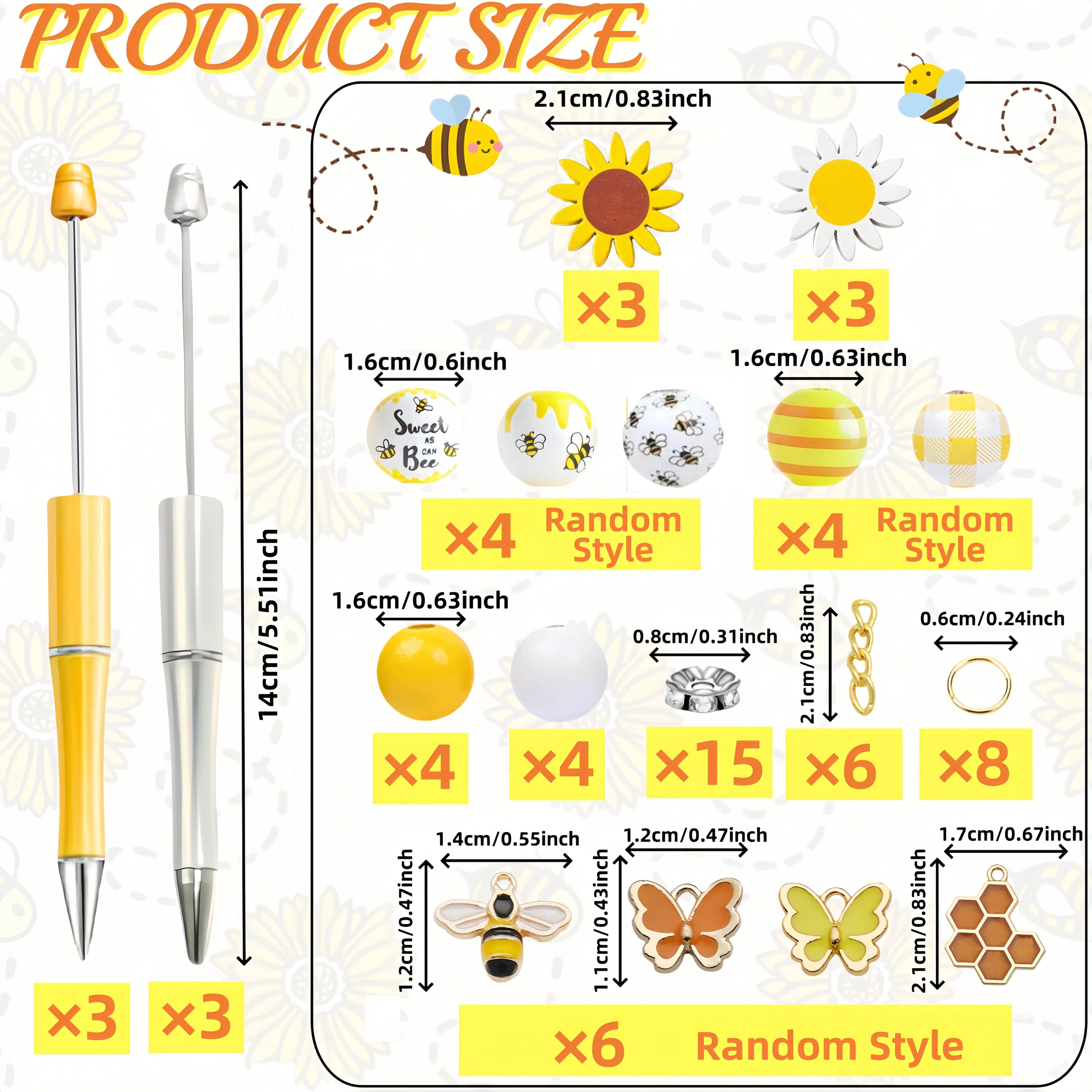 6PCS Spring Sunflower Themed DIY Bead Ballpoint Pen & Wooden Bead Set,  With Bee Butterfly Alloy Pendant，Office&Study Supply