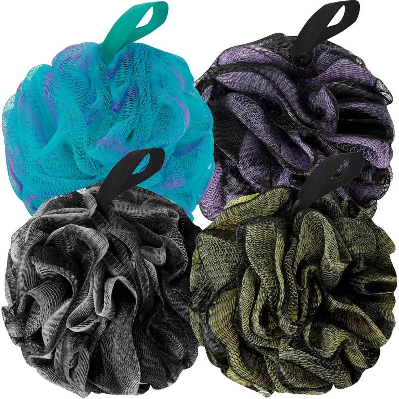 Luffa de bain en maille souple pour homme, éponge de douche, épurateur de dos de corps, accessoires de bain, outil de nettoyage, elfe noir, 4 paquets, 60g