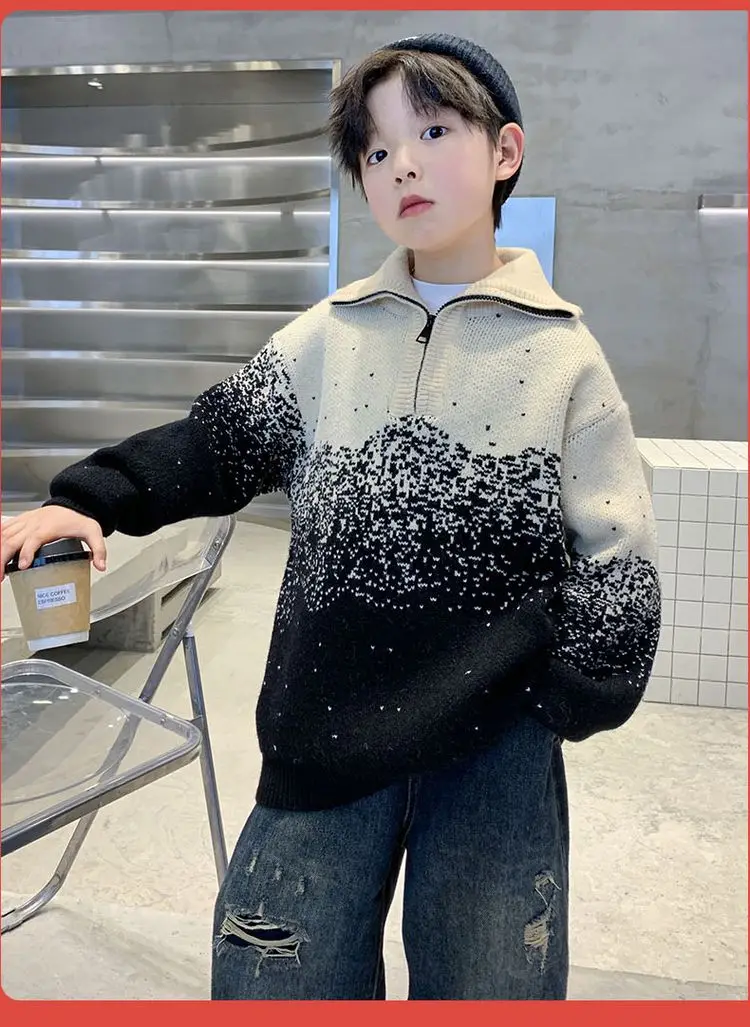 Kinder-Streifen-Polopullover mit halbem Reißverschluss für Jungen, Frühling, High-Street-Strickwaren, Teenager, Kinder, modische Strickpullover-Outfits – Detail 11