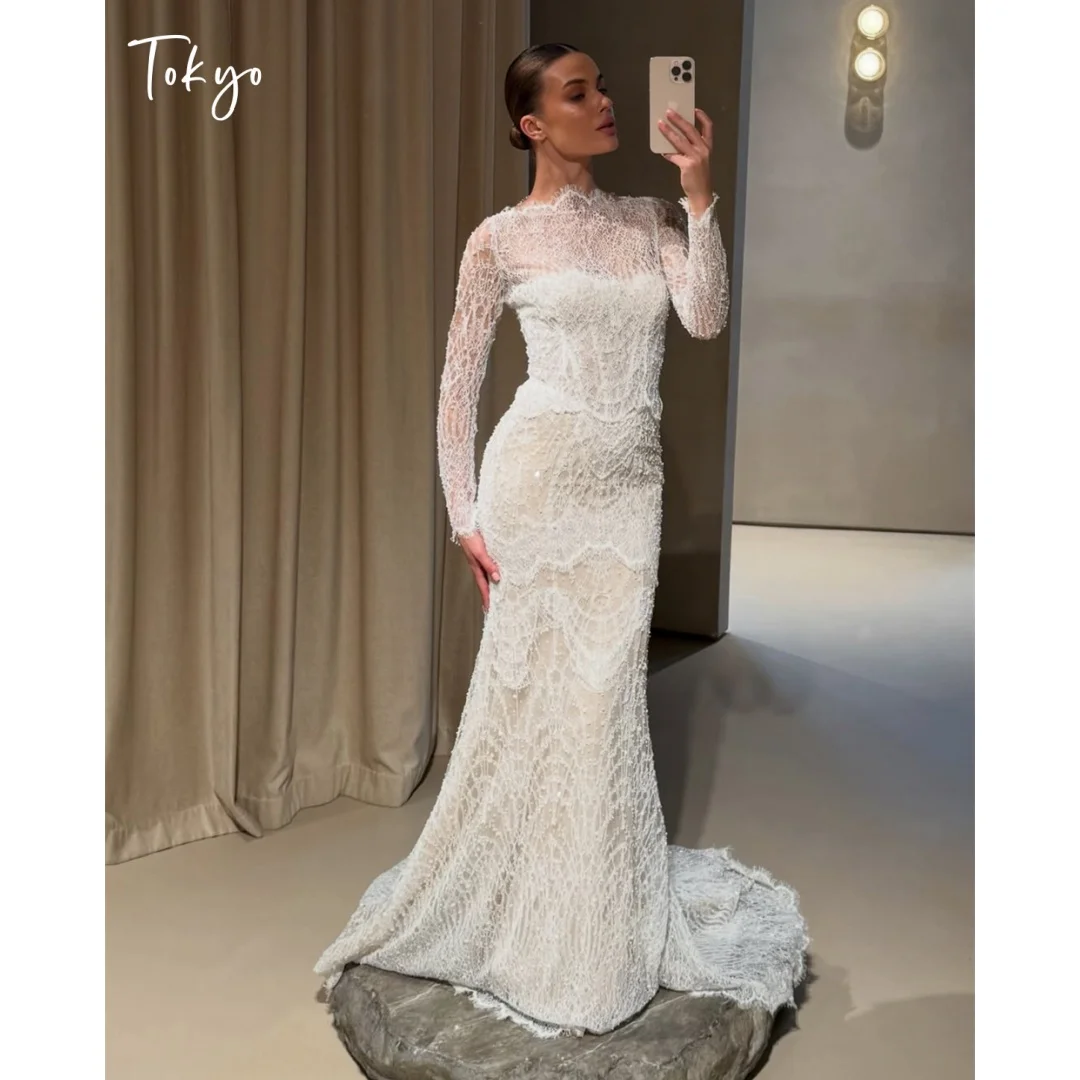 Tokyo Custom White High Neck Long Sleeve Beaded Lace Mermaid Wedding Dress Elegant Sweep Train Bridal Gown Formal Evening