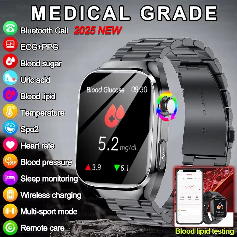 2025 Nuova misura accurata zucchero nel sangue lipidi acido urico Smart Watch uomo ECG pressione