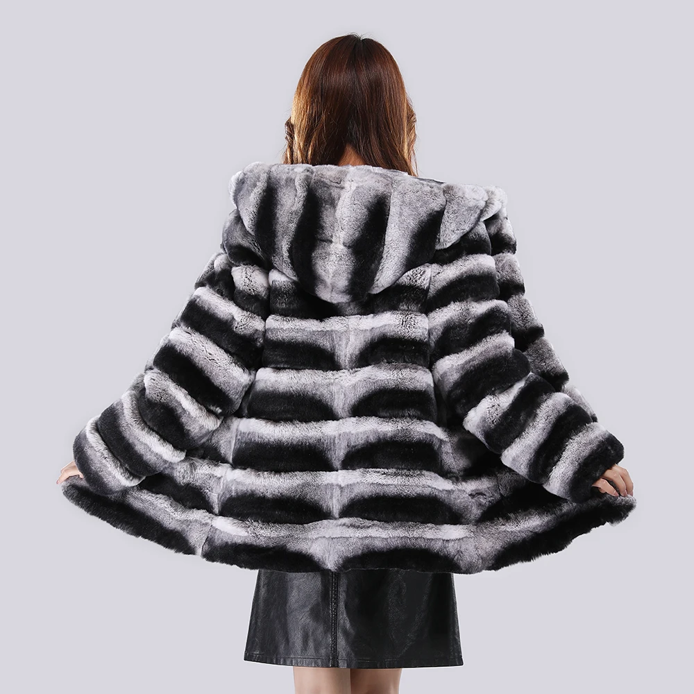 100% Natural Fur Warm Jacket Loose Knited Quality Luxury Hooded Full Sleeves Autumn Winter Women Real Rex Rabbit Thick Fur Coat