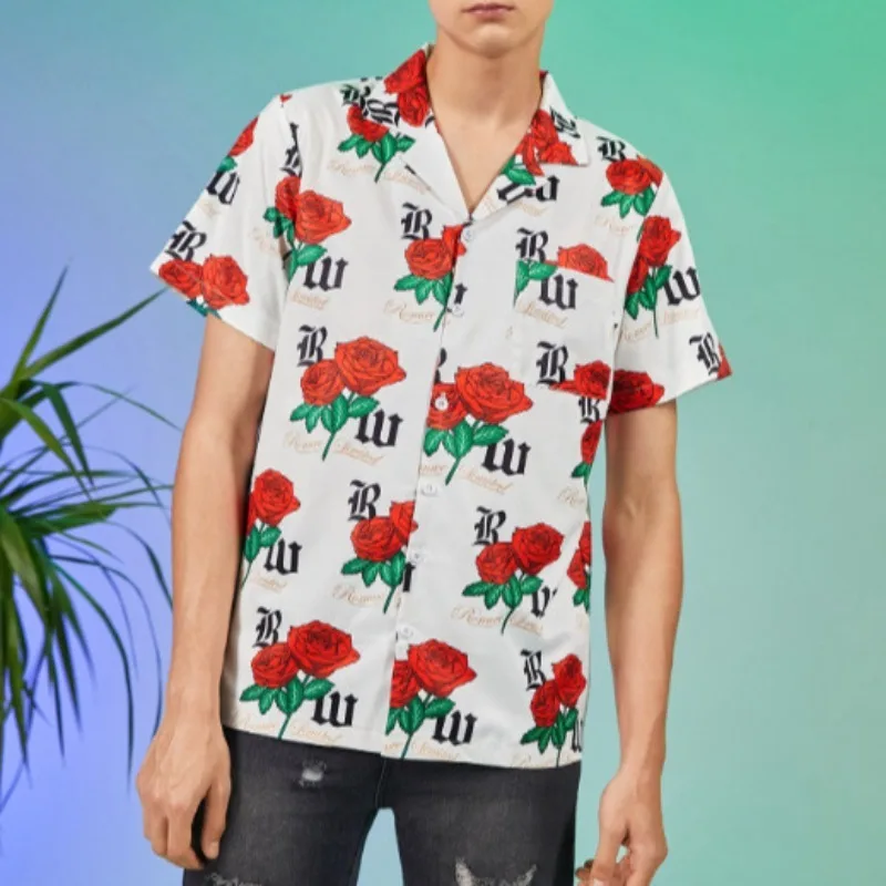 

Short Sleeve Fashion Summer Casual Vintage Men Versatile Beach Wear Floral Shirt Jacke Outfit Button Letter Printed Vacation