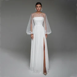 Customized Modern Wedding Dresses Puffy Tulle Sleeves With Pearls Chiffon A-Line Bride Gowns Wedding Party Gown Side Slit