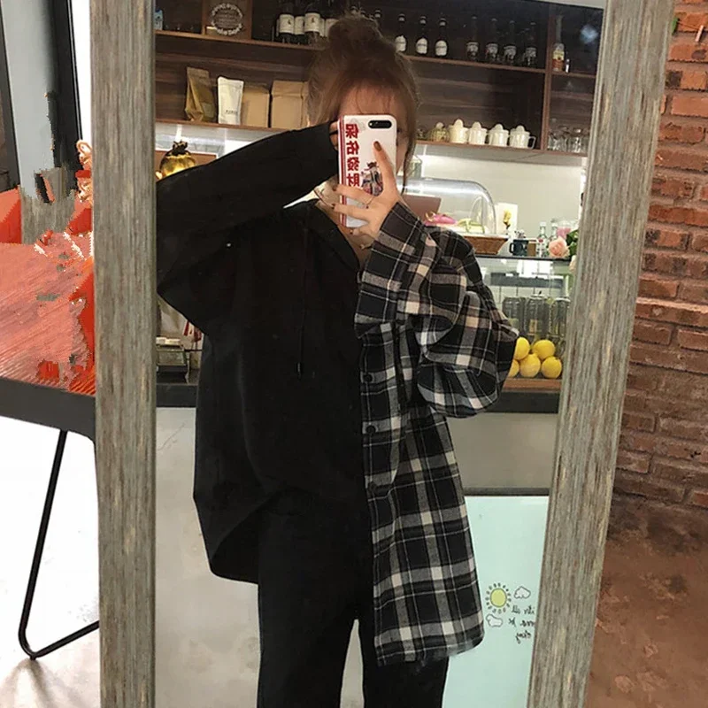 

Korean Fashion Patchwork Design Plaid Oversized Shirts Women Y2k Harajuku Streetwear Girls' Button Up Long Shirt Cheap Wholesale