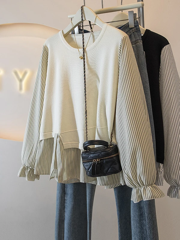 

Женская вязаная кофта в полоску с длинными рукавами, имитация двухслойности, весенняя мода, большие размеры, топ с рукавами-колокол, корейский стиль