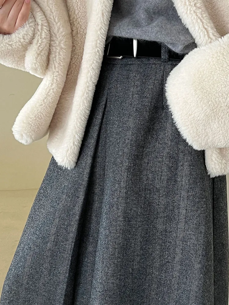 WHTREND Style coréen laine laine sensation jupe Midi pour les femmes hiver nouvelle taille haute avec ceinture a-ligne jupes WH2203