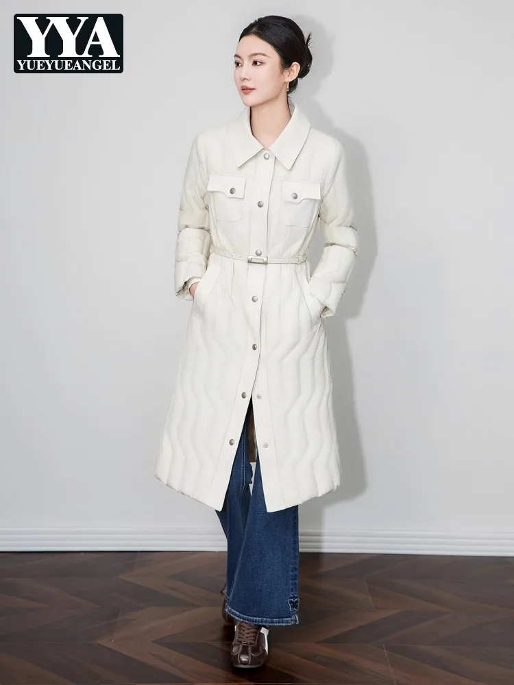 Autumn Winter Women Knee Length Down Coat Single Breasted Belt Windproof Puffer Jacket Work Ladies Goose Down Warm Long Coats