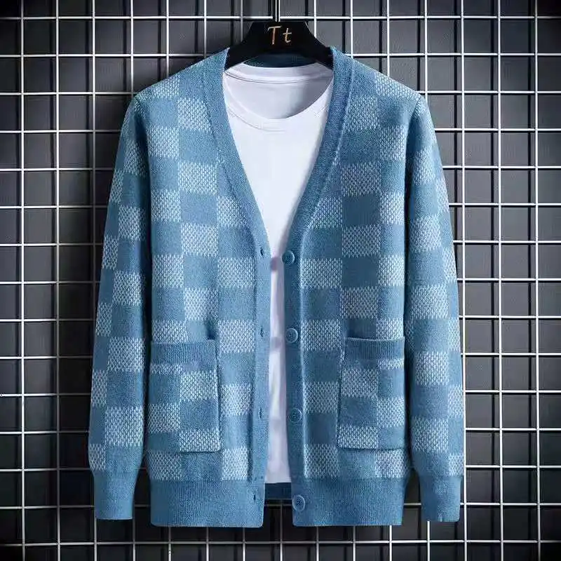 Abrigo azul para hombre, suéter de punto A cuadros, chaqueta con bolsillos, cárdigan de los 90, Mode Vintage, moda coreana, ajuste suelto de lana X A