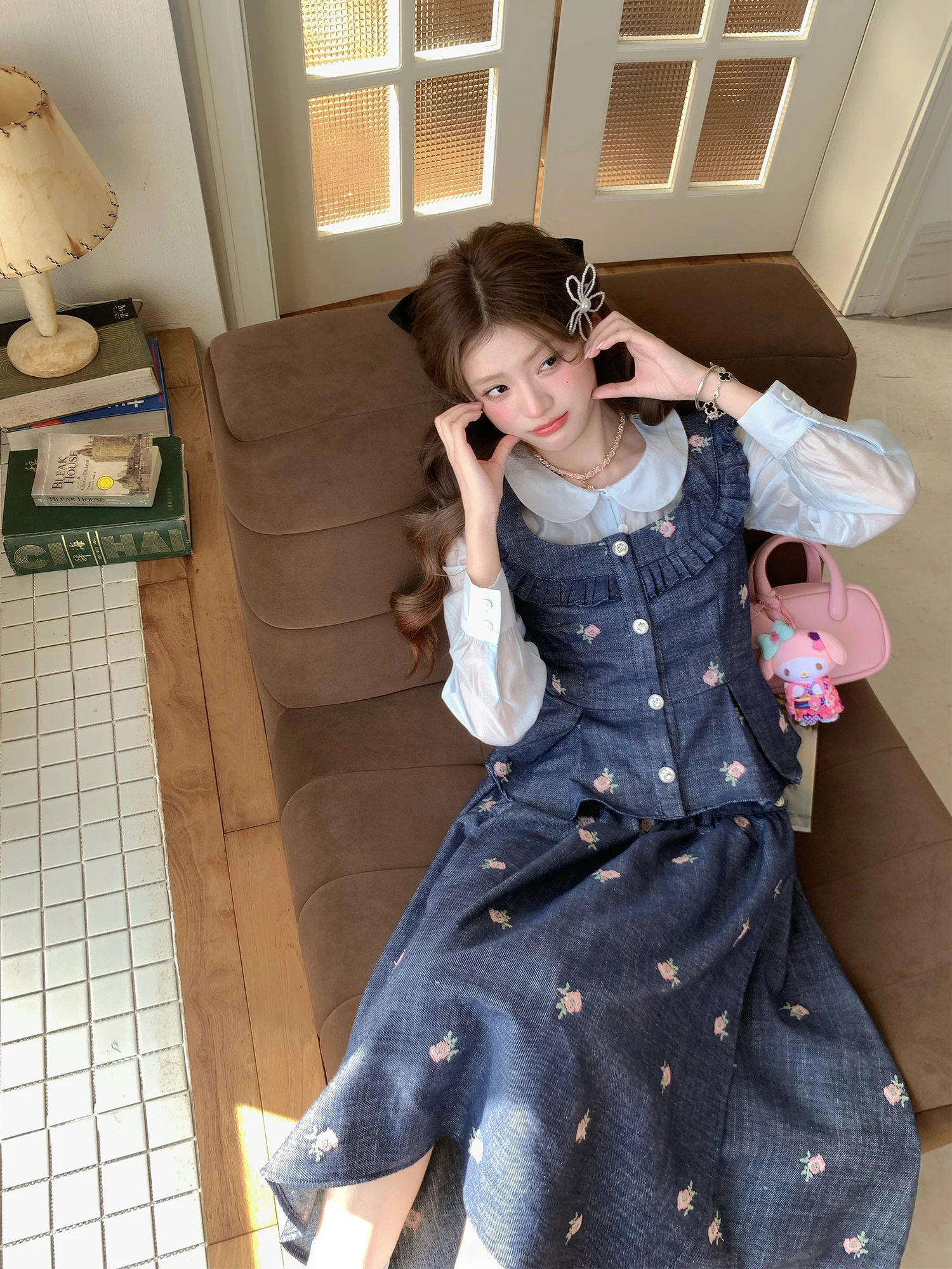 Ruan Ruan Dream Star River Denim Inspired Women's Fashion Ensemble Autumn Season Two Piece Set Embroidered Skirt And Vest