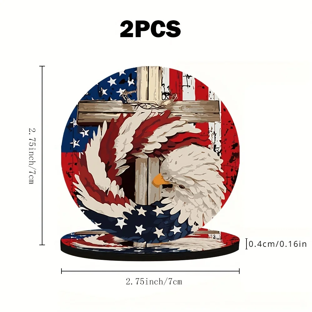 2-Pack USA Flag & Patriotic Bird Themed EVA Cup Holder Coasters For Vehicle And Home Desk - Independence Day Celebration Decor