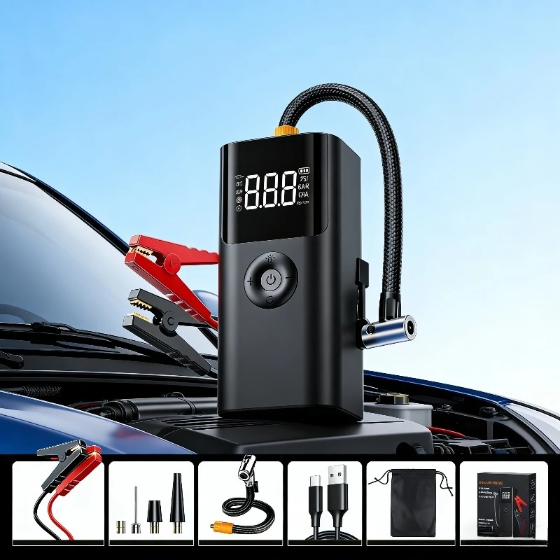 

10000mAh Portable Car Jump Starter, Air Compressor & Smart Clamps, Multi-Function Emergency Booster for Ga&Diesel Cars
