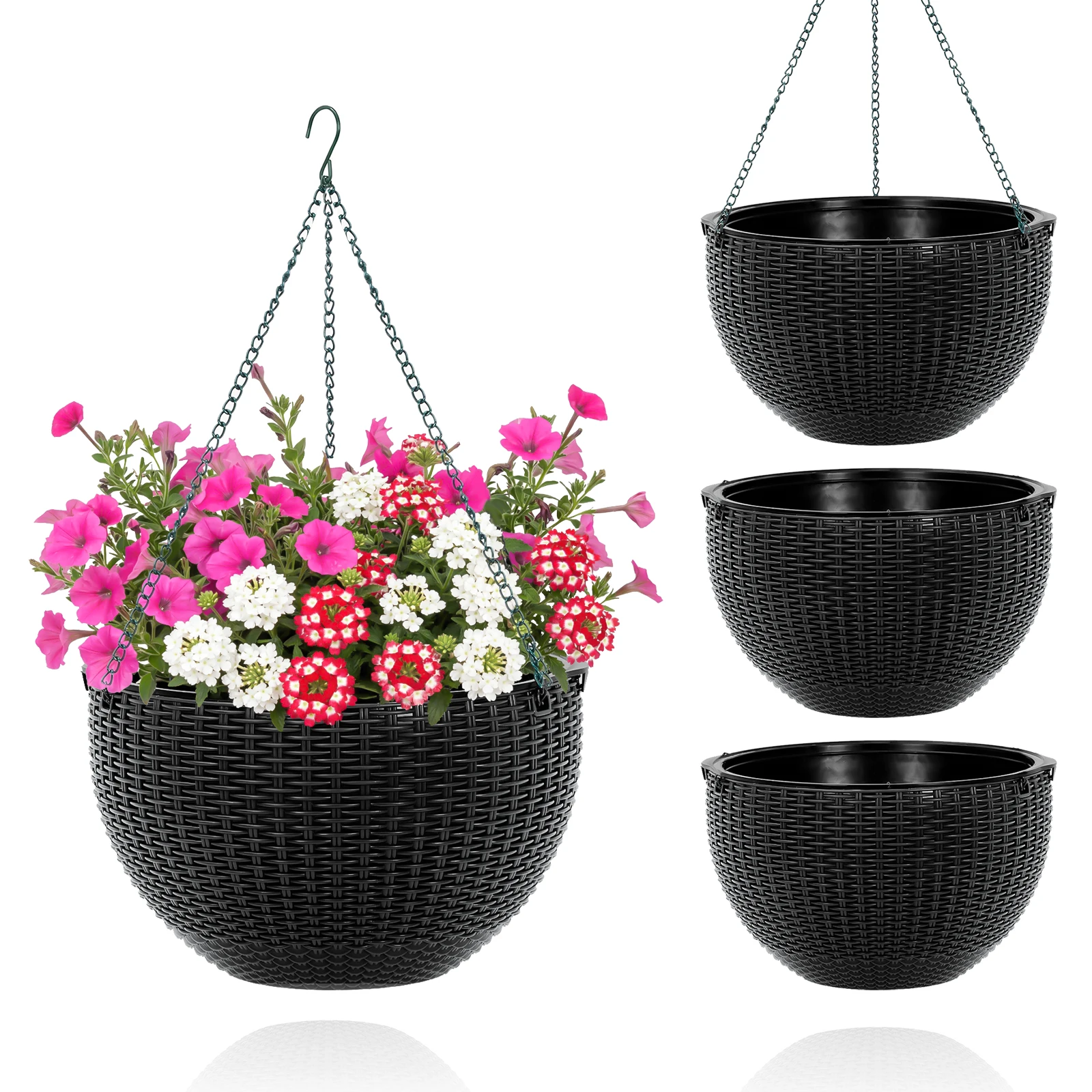 13.6 Inch 4 Pack Round Resin Self Watering Hanging Planter with Drainage Hole & Deep Inner Pot for Garden, Plant Pot Only