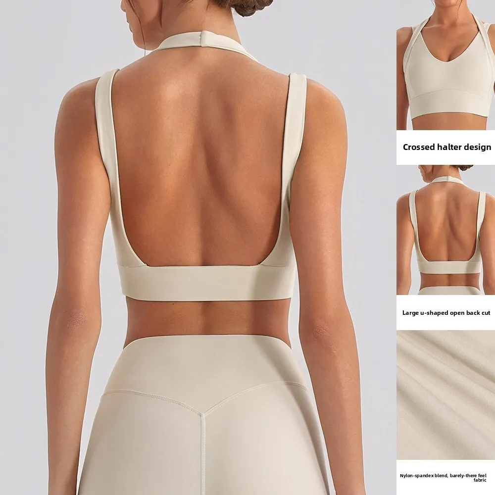 Halter Cross Back Sports Bra Women Deep V Neck High Elastic Yoga Crop Top Medium Support Gym Running Yoga Bra Workout Top 2026
