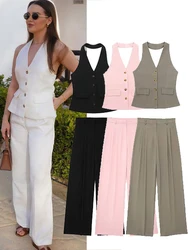 HH Women's 2-Piece Chic Single Breasted Pockets Sleeveless Halter Vest + High Waist Zippered Pockets Slim Fit Wide Leg Pants