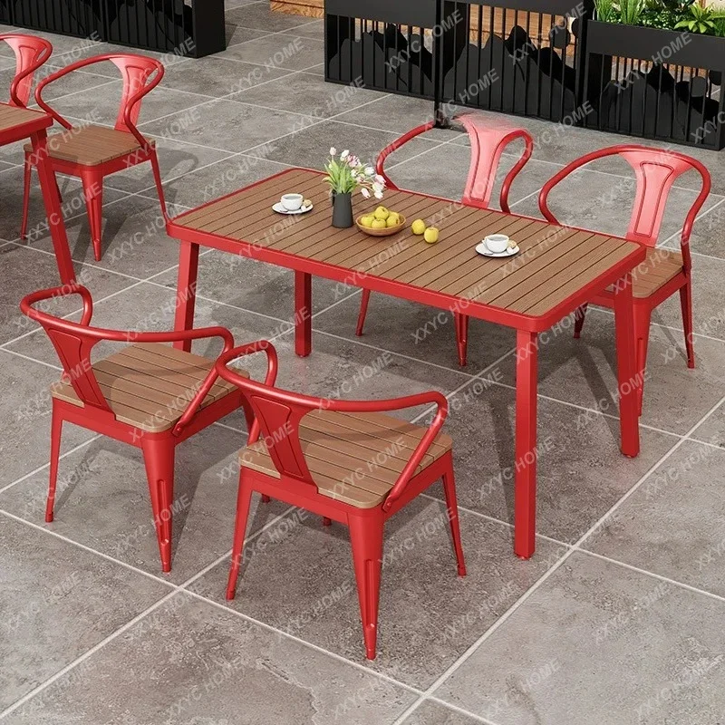 MMLOutdoor courtyard tables and chairs Outdoor open-air barbecue shop tables and chairs Leisure plastic wood balcony table