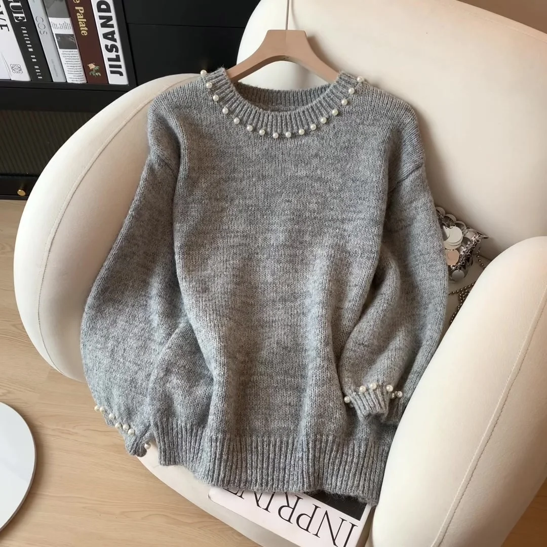 

Женский серый кофейный повседневный свитер с круглым вырезом и длинными рукавами Pearl Y2K Harajuku High Street, свободный винтажный зимний топ, свитер 2025