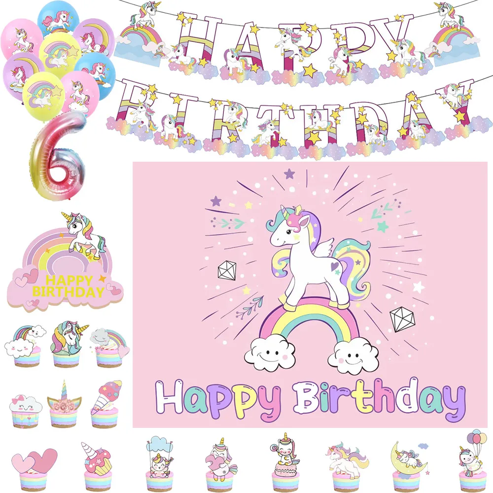 

Dreamy Cute Cartoon Unicorn Birthday Party Decoration Supplie Cake Decoration Banner Numbers Balloon Background Baby Shower