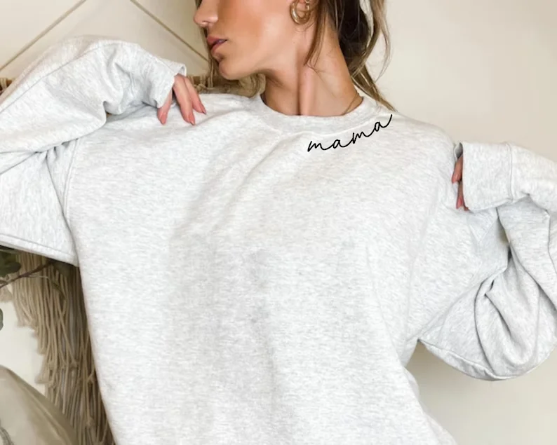 Personalized Mama Sweatshirt with Kid Names on Sleeve Minimalist Neckline Sweater Mothers Day Gift New Mom Gift Birthday Gift