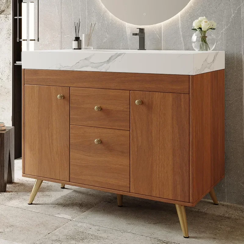 36 Bathroom Vanity with Sintered Stone Top Walnut White