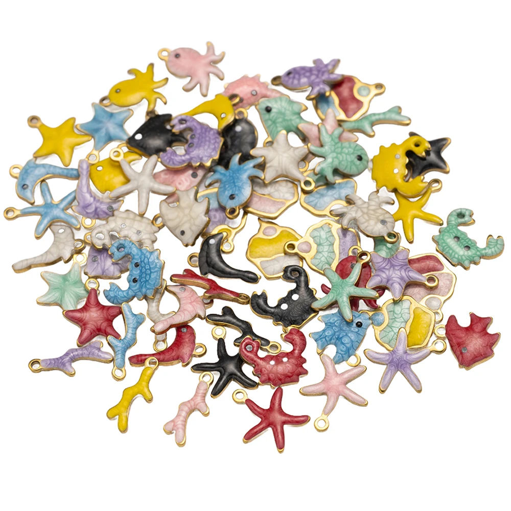 10Pcs Stainless Steel Colorful Marine Coral Starfish Fish Seaweed Charms Pendant For DIY Necklace  Earring Jewelry Making Craft