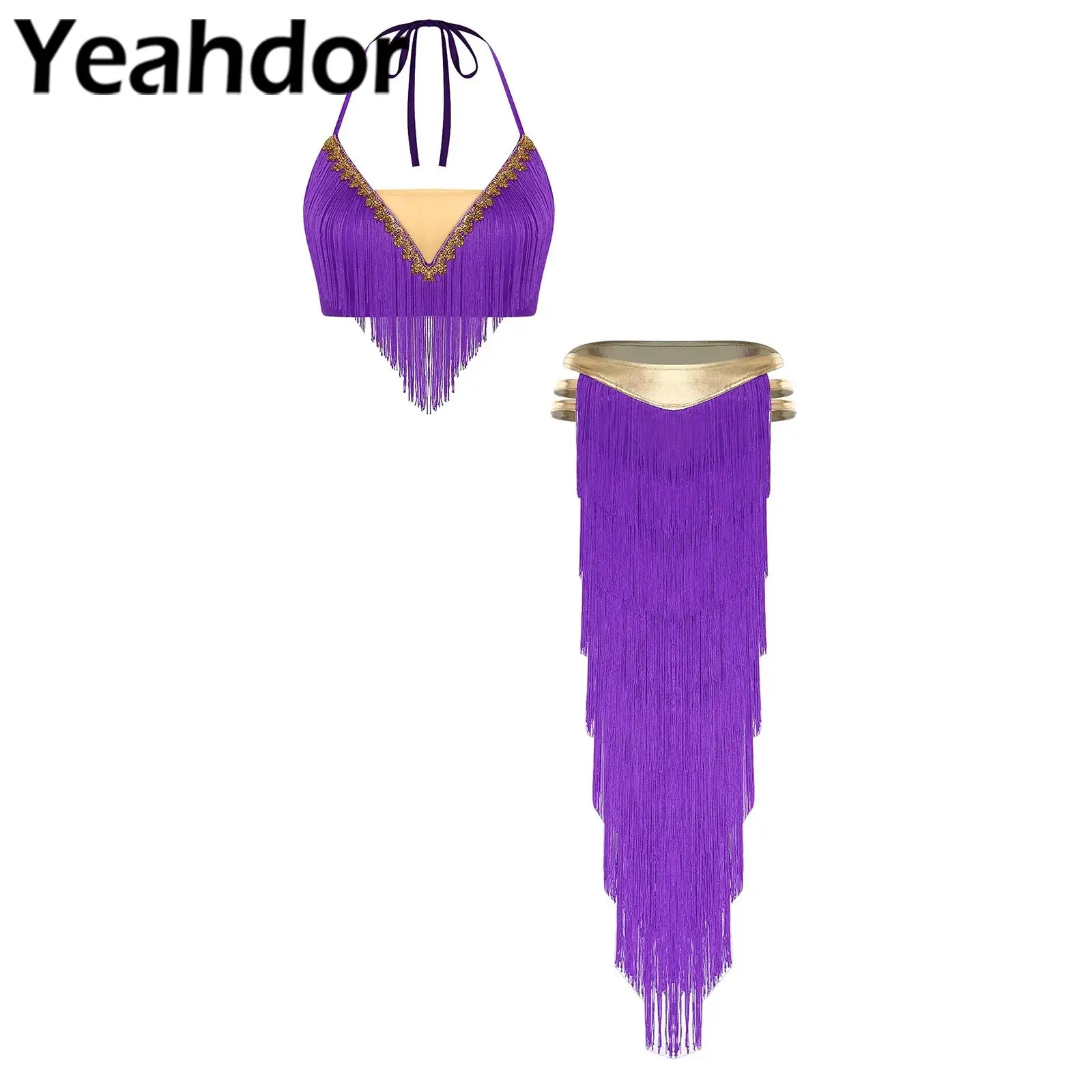 

Женский костюм для танца живота: топ с бахромой и золотой отделкой, на шнуровке, с завязками на шее, и многоярусная юбка с бахромой.