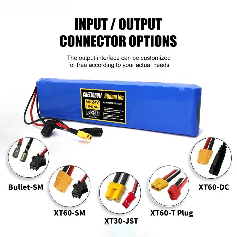 24V 12000mAh rechargeable lithium battery pack 18650 cells 7S4P with 15A BMS+29.4V charger 250W/500W compatible