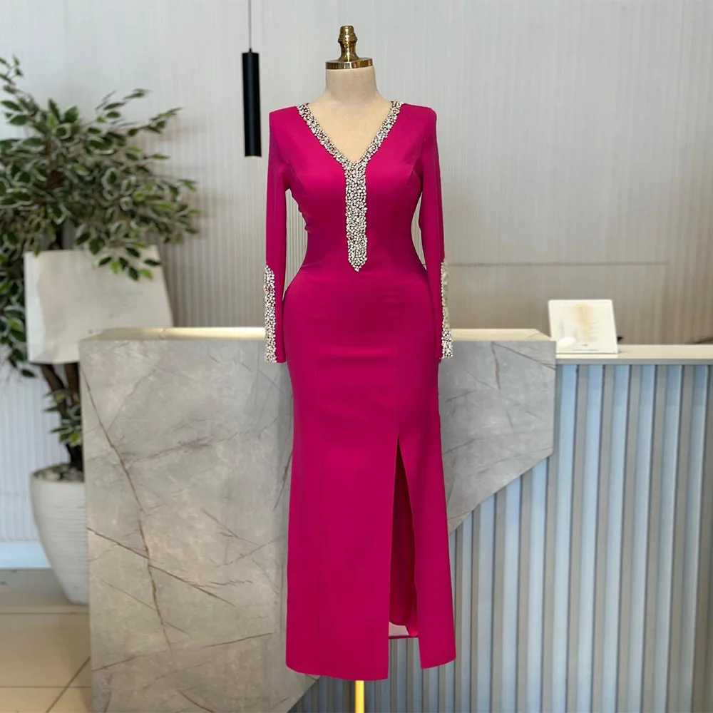 Customized Fuchsia Evening Dress V Neck Long Sleeves Crystal Stones Straight Side Slit Saudi Arab Prom Gown Party Dresses
