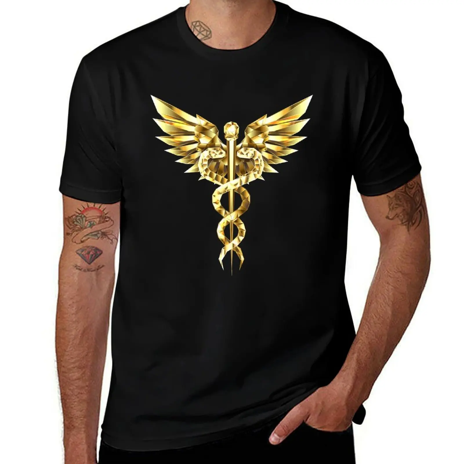 Gold Polygonal Symbol Caduceus T-Shirt Water Resistant Casual T-Shirt