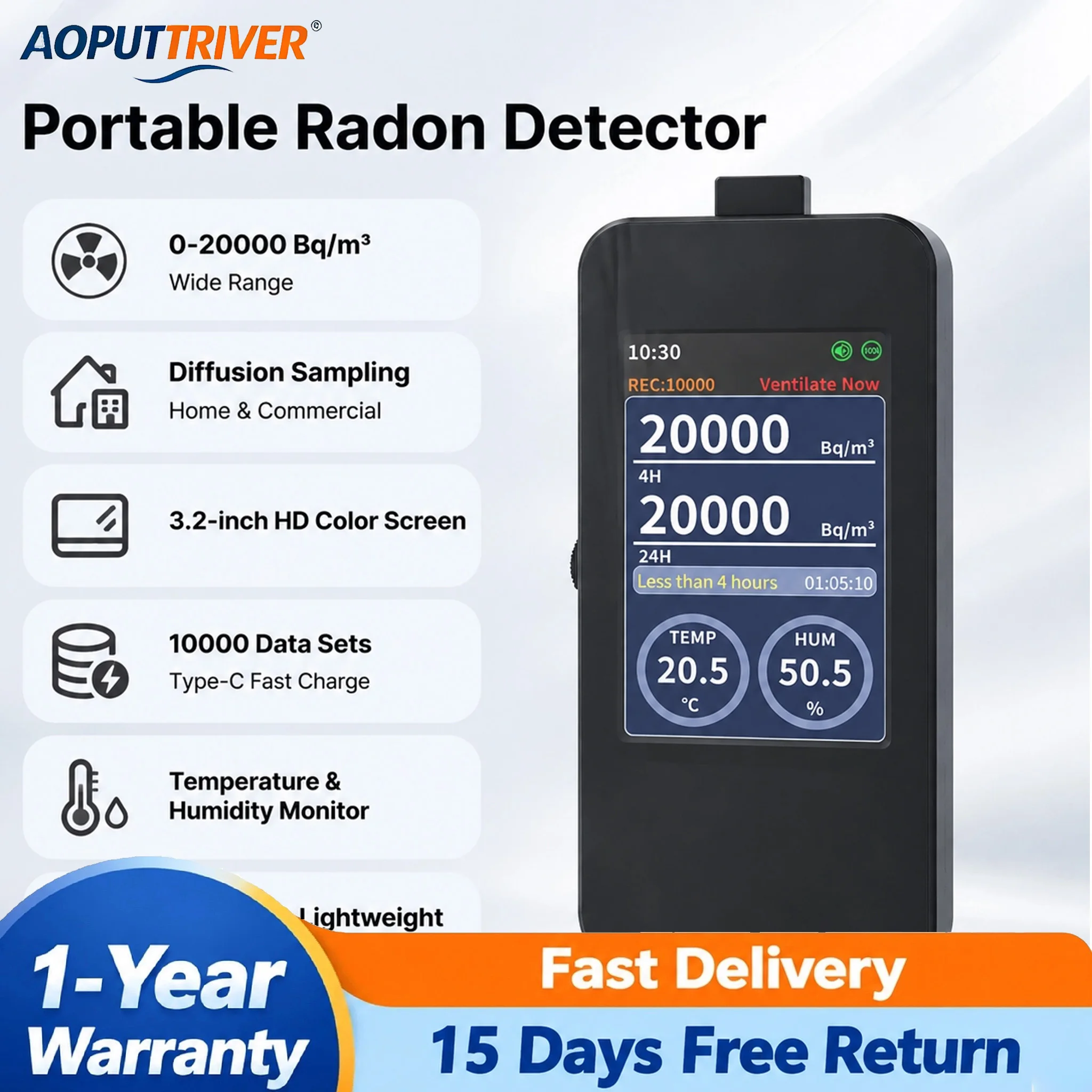 HZ-8103-BQ Portable Radon Detector Home Radon Monitor Bq m3 Air Quality Tester With Temperature Humidity Real Time Readings