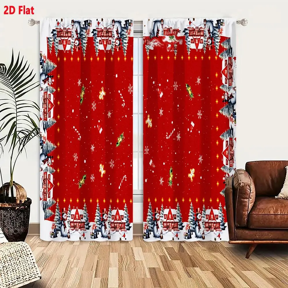 2Pcs Curtains 2D Flat Festive Christmas Border Frame With Snowmen Trees And Houses On Red Background Window Drapes for Bedroom R