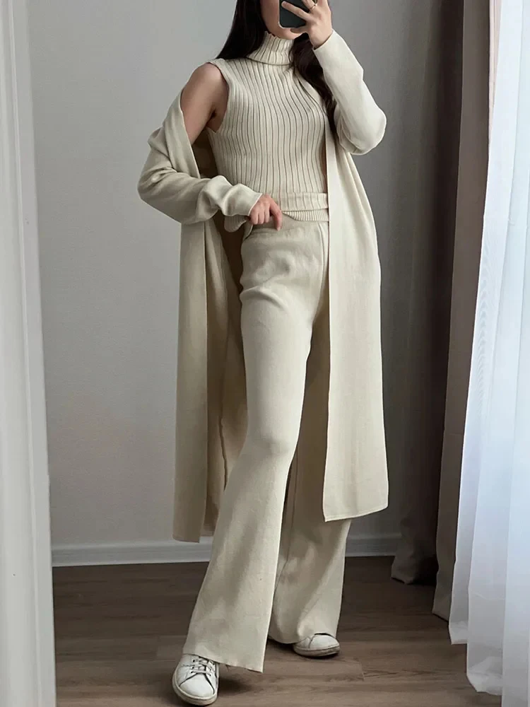 Turtleneck Knitted Sweater and Pants Sets Cardigan Coat 3 Peice Set Women Outfit 2024 Autumn and Winter Fashion Women‘s Clothing