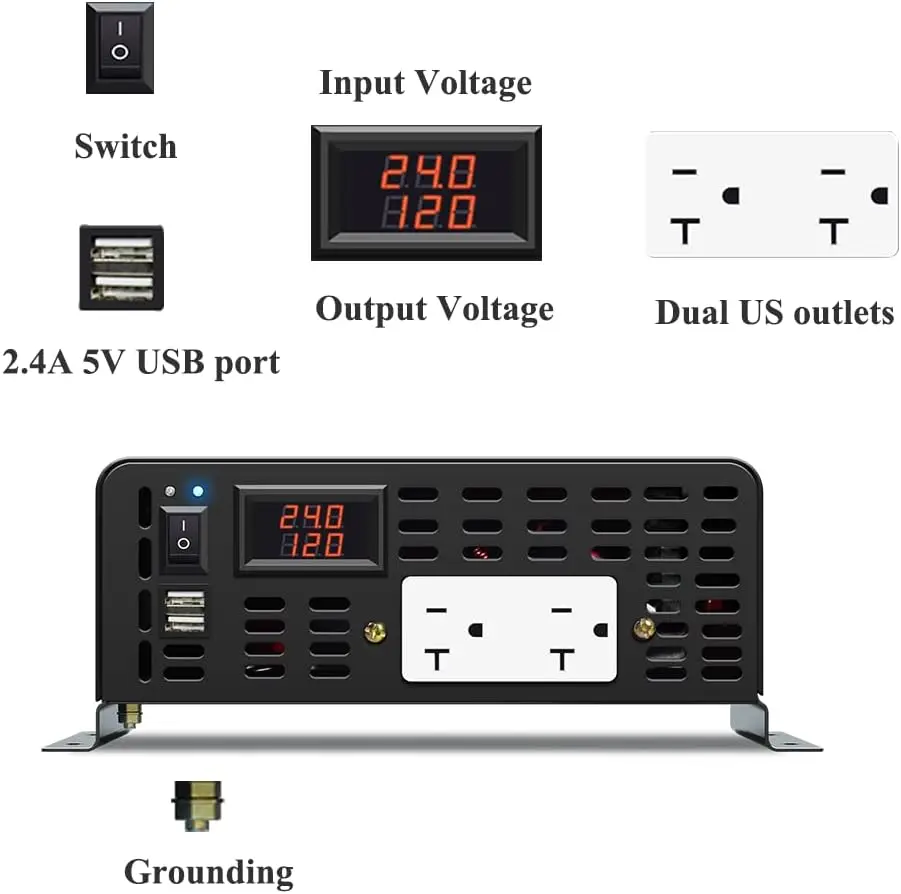 Pure Sine Wave Inverter 1500W 12V/24V 120V Solar Panel Power Battery Converter 36V/48V/72V/96V DC to 100V/110V/220V/230V/240V AC