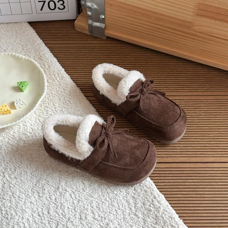Kids Fuzzy Toddler Suede‑Look Winter Loafers Warm Flat Moccasins with Bow Decor, Non‑Slip Soft Sole Casual Warm Cotton Shoes