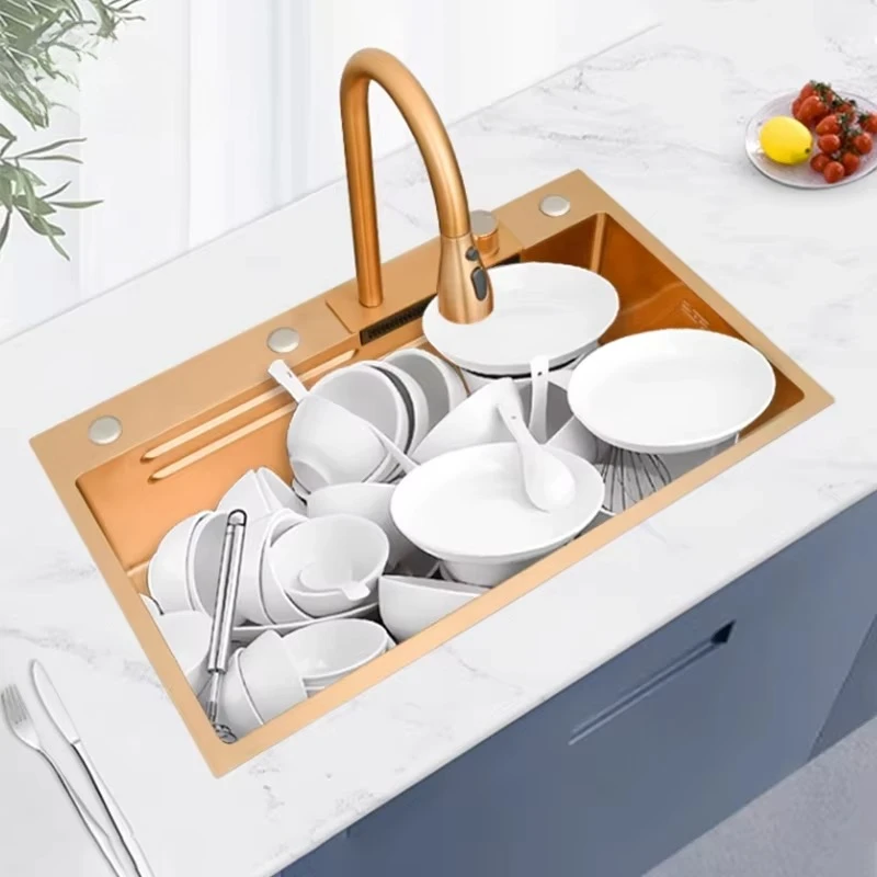 حار بيع الذهب الوردي حوض المطبخ الذكي 304 الفولاذ المقاوم للصدأ شلال صنبور المطبخ اليدوية #4